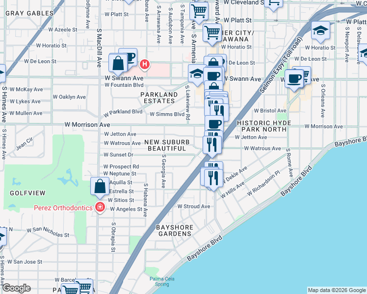 map of restaurants, bars, coffee shops, grocery stores, and more near 2419 W Sunset Dr in Tampa