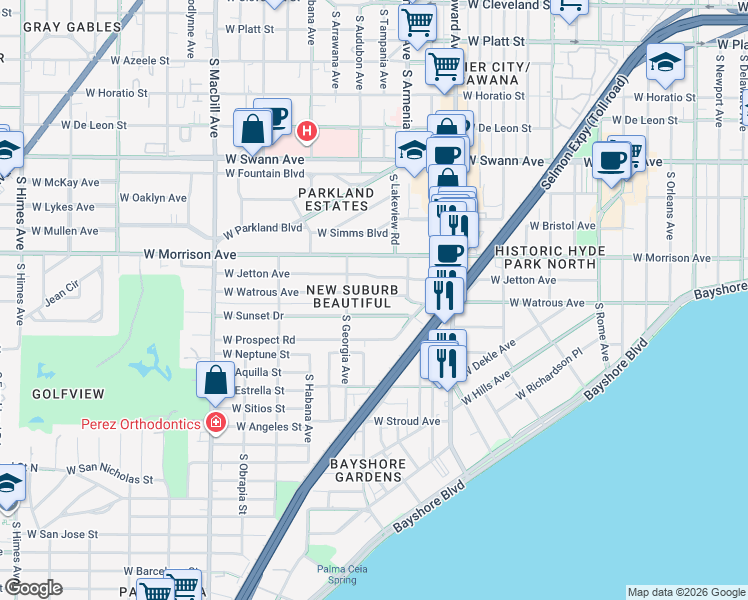 map of restaurants, bars, coffee shops, grocery stores, and more near 2421 West Sunset Drive in Tampa