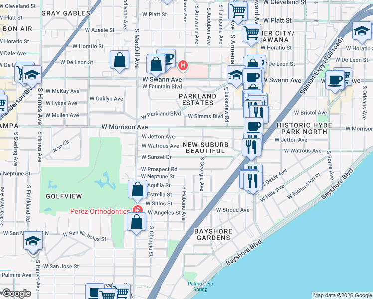 map of restaurants, bars, coffee shops, grocery stores, and more near 2523 West Sunset Drive in Tampa