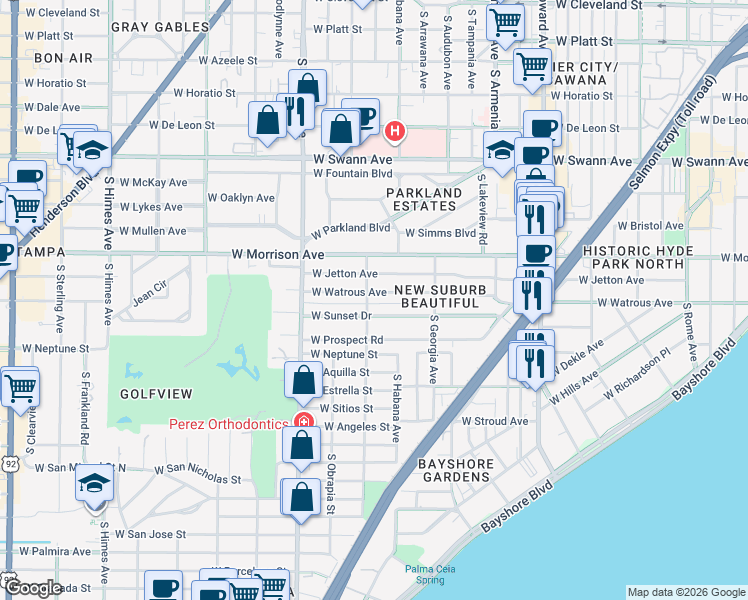 map of restaurants, bars, coffee shops, grocery stores, and more near 2606 West Sunset Drive in Tampa