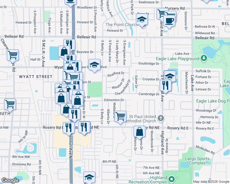 map of restaurants, bars, coffee shops, grocery stores, and more near 1325 Chesterfield Drive in Clearwater