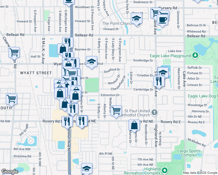 map of restaurants, bars, coffee shops, grocery stores, and more near 1324 Edmonton Drive in Clearwater
