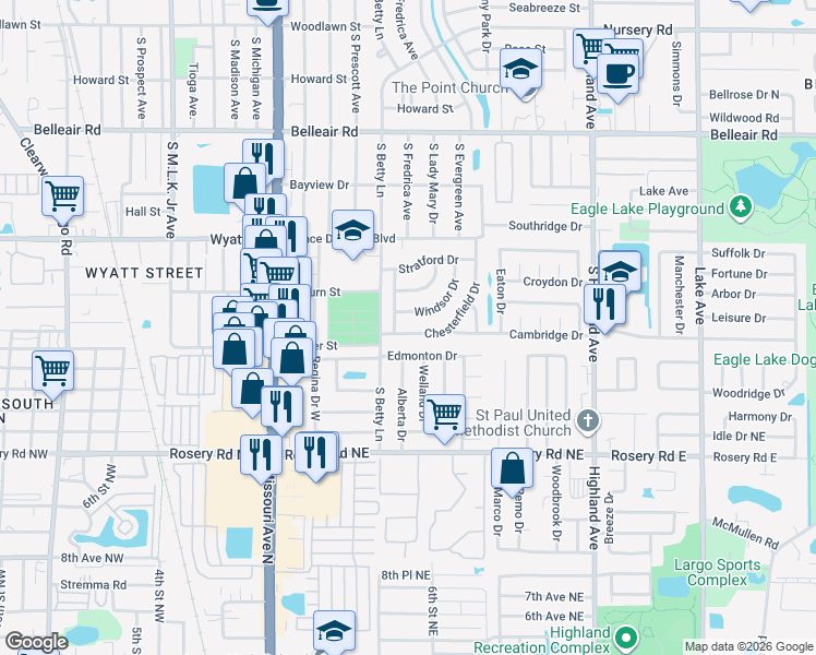 map of restaurants, bars, coffee shops, grocery stores, and more near 1324 Edmonton Drive in Clearwater