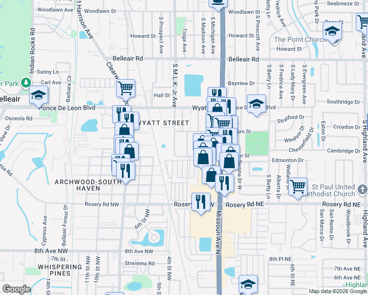 map of restaurants, bars, coffee shops, grocery stores, and more near 1110 Jasper Street in Clearwater