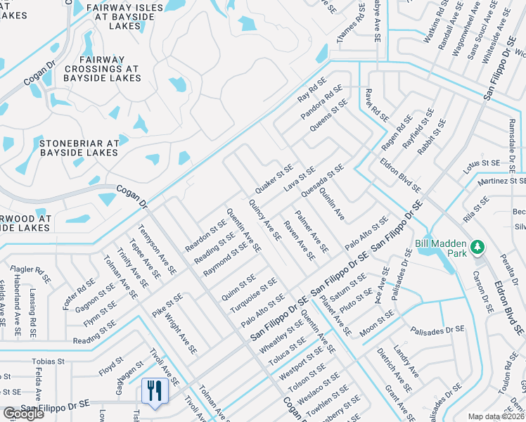 map of restaurants, bars, coffee shops, grocery stores, and more near 2560 Quincy Avenue Southeast in Palm Bay