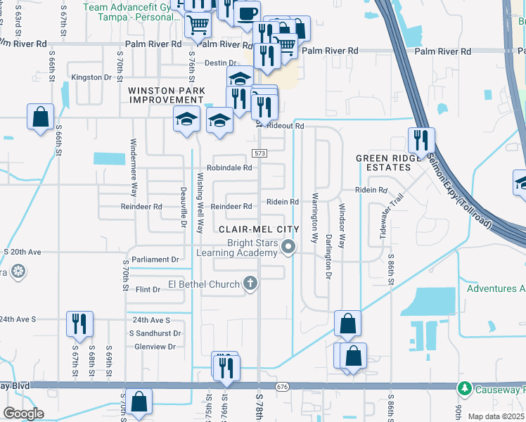 map of restaurants, bars, coffee shops, grocery stores, and more near 1802 Cadillac Circle in Tampa