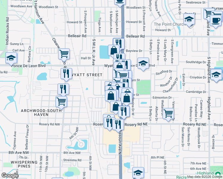 map of restaurants, bars, coffee shops, grocery stores, and more near 1060 Jasper Street in Clearwater