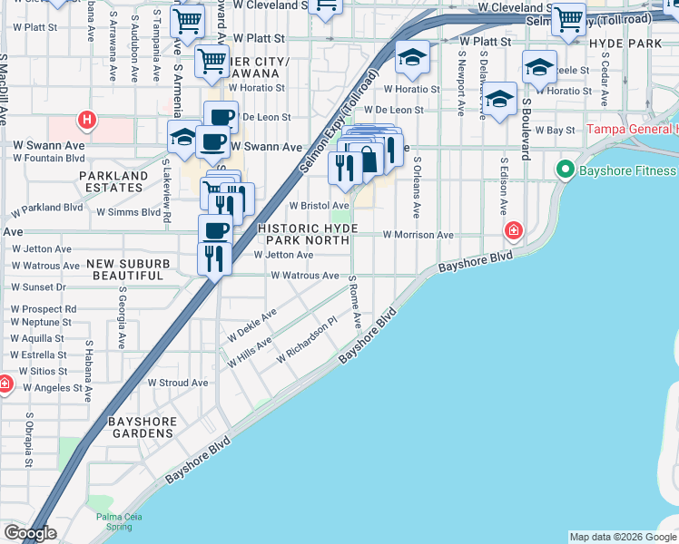 map of restaurants, bars, coffee shops, grocery stores, and more near 13 West Hills Avenue in Tampa