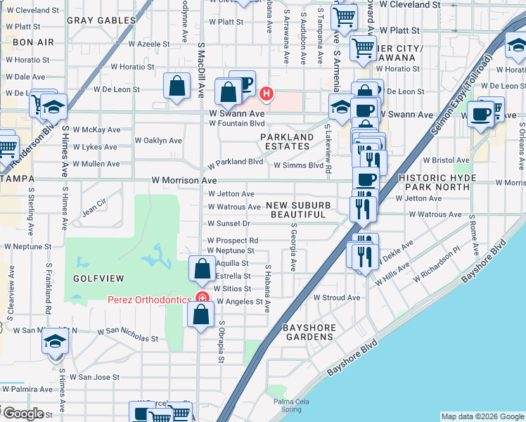 map of restaurants, bars, coffee shops, grocery stores, and more near 2522 West Watrous Avenue in Tampa