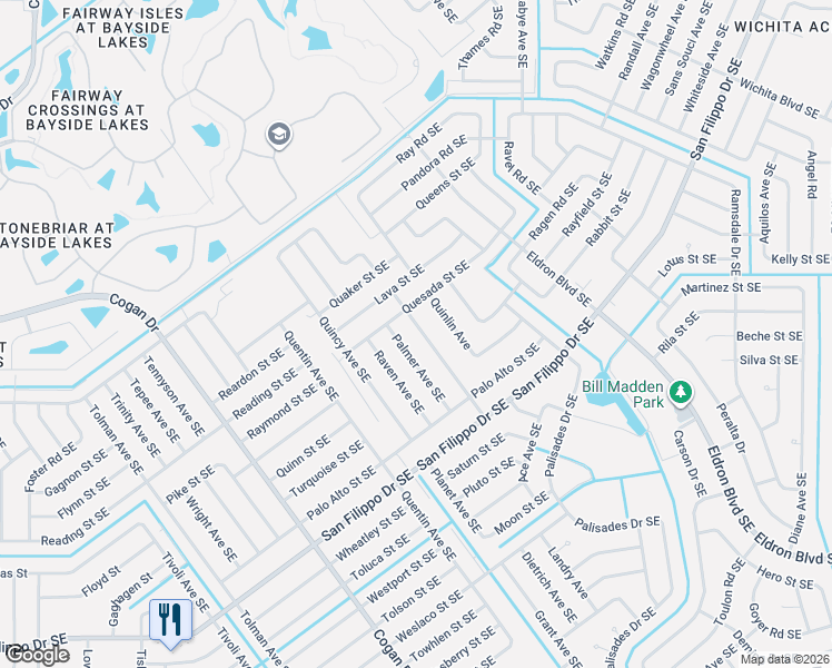 map of restaurants, bars, coffee shops, grocery stores, and more near 2560 Palomar Avenue Southeast in Palm Bay