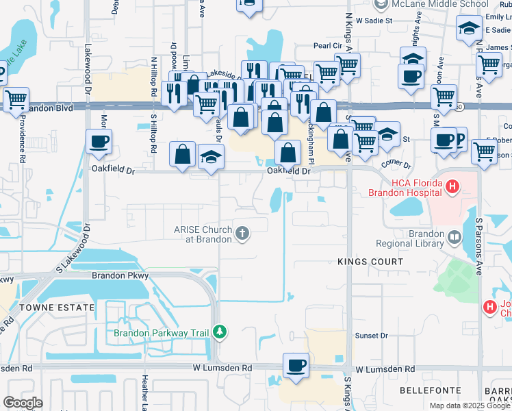 map of restaurants, bars, coffee shops, grocery stores, and more near 1225 Askew Drive in Brandon