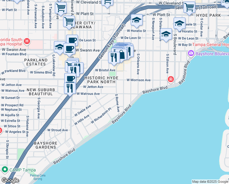 map of restaurants, bars, coffee shops, grocery stores, and more near 13 West Hills Avenue in Tampa