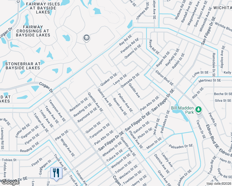 map of restaurants, bars, coffee shops, grocery stores, and more near 2606 Palmer Avenue Southeast in Palm Bay