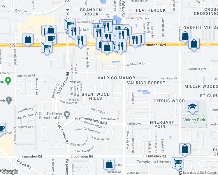map of restaurants, bars, coffee shops, grocery stores, and more near 625 Sand Ridge Drive in Valrico