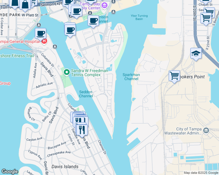 map of restaurants, bars, coffee shops, grocery stores, and more near 905 Mizzenmast Lane in Tampa