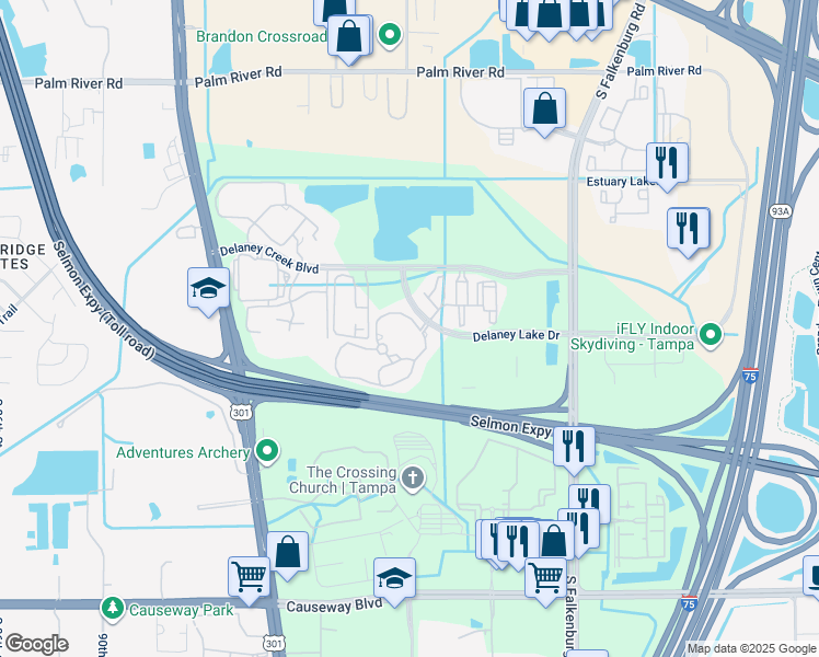 map of restaurants, bars, coffee shops, grocery stores, and more near 9722 Bosque Creek Circle in Tampa