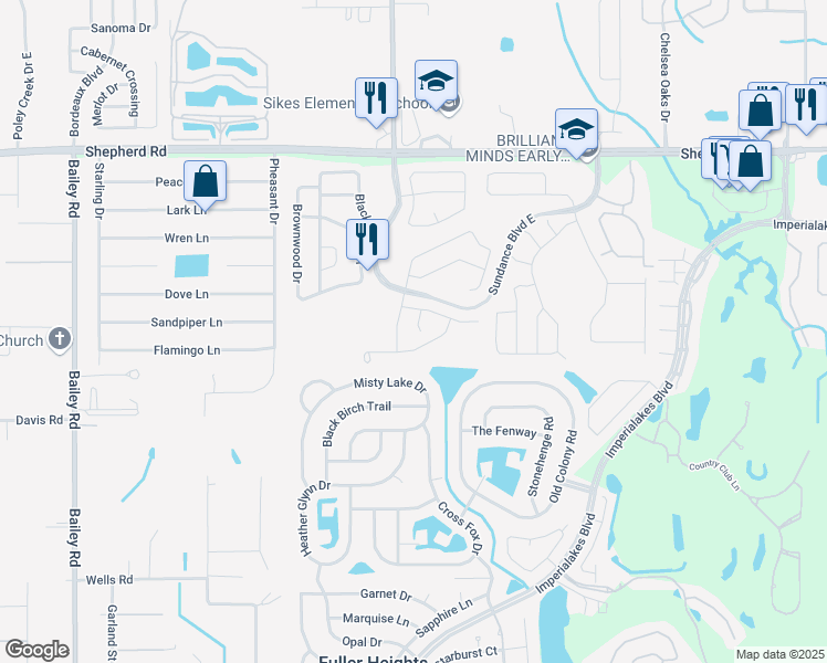 map of restaurants, bars, coffee shops, grocery stores, and more near 3019 Yarrow Lane in Mulberry