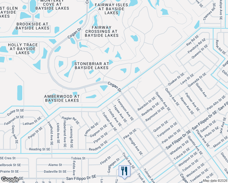 map of restaurants, bars, coffee shops, grocery stores, and more near 628 Stonebriar Drive in Palm Bay