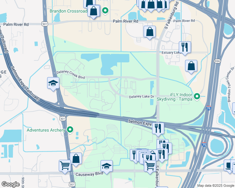 map of restaurants, bars, coffee shops, grocery stores, and more near 9722 Bosque Creek Circle in Tampa