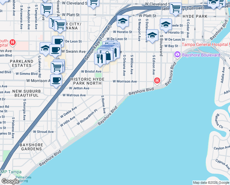 map of restaurants, bars, coffee shops, grocery stores, and more near 910 South Oregon Avenue in Tampa