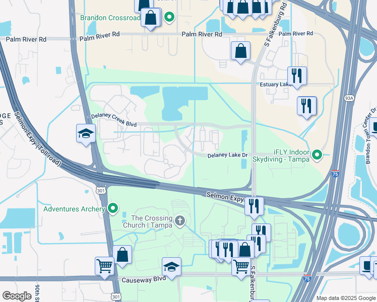 map of restaurants, bars, coffee shops, grocery stores, and more near 9891 Delaney Lake Drive in Tampa