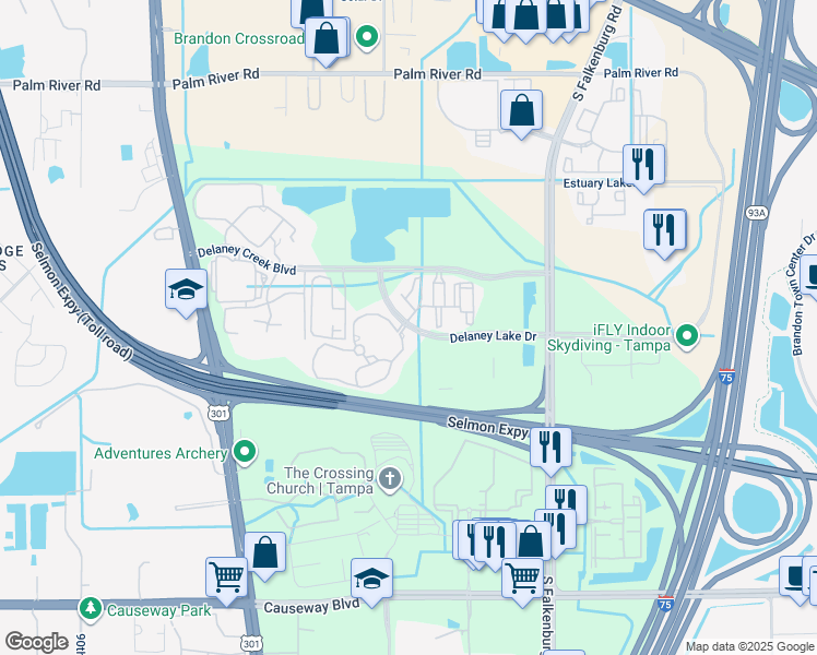 map of restaurants, bars, coffee shops, grocery stores, and more near 9891 Delaney Lake Drive in Tampa