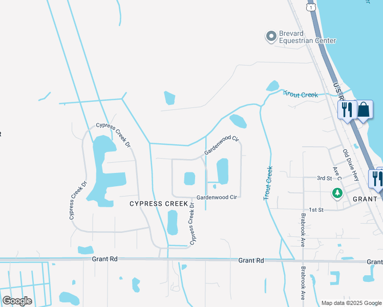 map of restaurants, bars, coffee shops, grocery stores, and more near 4279 Gardenwood Circle in Grant-Valkaria