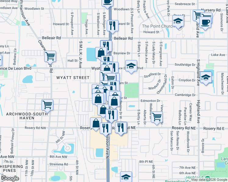 map of restaurants, bars, coffee shops, grocery stores, and more near 1726 Missouri Avenue North in Largo