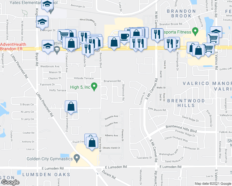 map of restaurants, bars, coffee shops, grocery stores, and more near 511 Clearfield Road in Brandon