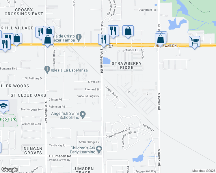 map of restaurants, bars, coffee shops, grocery stores, and more near 916 Cape Cod Circle in Valrico