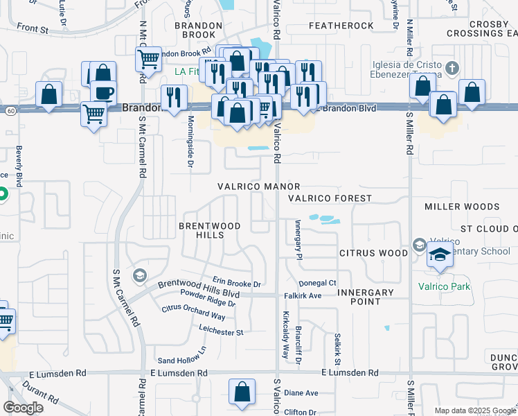 map of restaurants, bars, coffee shops, grocery stores, and more near 320 Laxton Lane in Valrico
