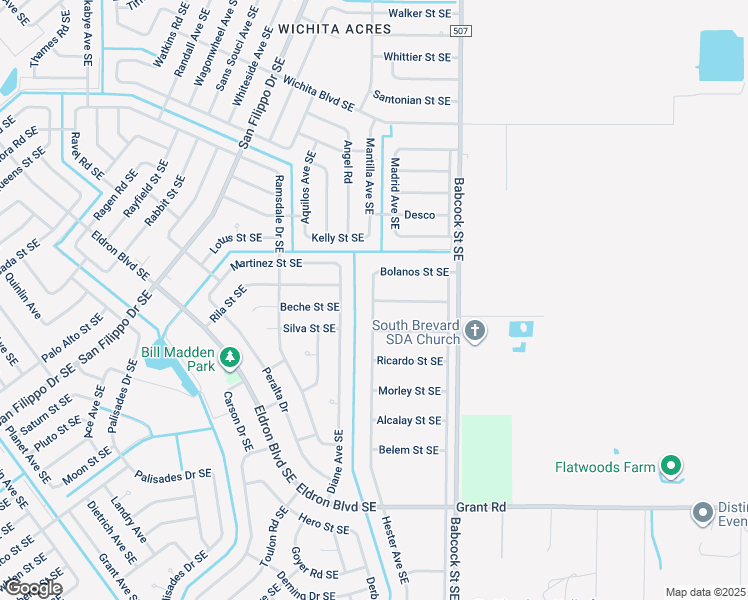 map of restaurants, bars, coffee shops, grocery stores, and more near 1601 Chamorro Street Southeast in Palm Bay