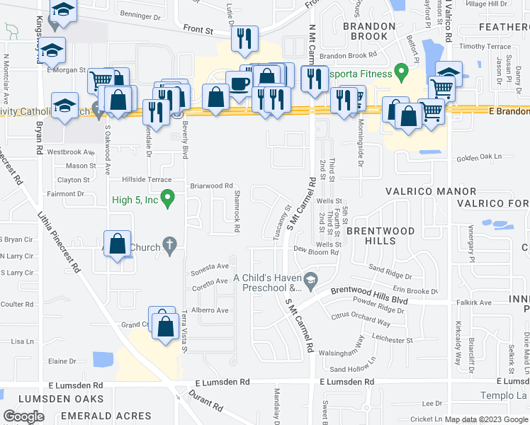 map of restaurants, bars, coffee shops, grocery stores, and more near 512 Tuscanny Park Loop in Brandon