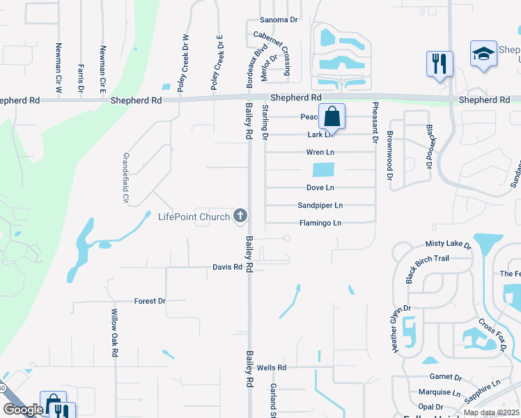 map of restaurants, bars, coffee shops, grocery stores, and more near 5285 Bailey Road in Mulberry