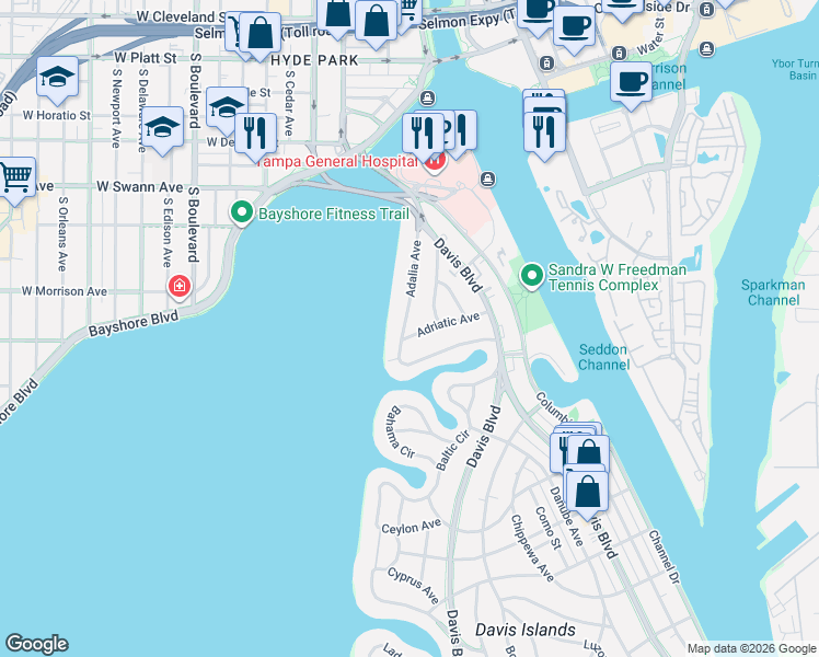 map of restaurants, bars, coffee shops, grocery stores, and more near 54 Aegean Avenue in Tampa