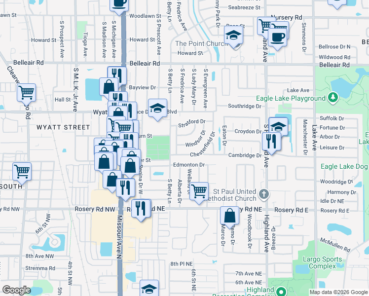 map of restaurants, bars, coffee shops, grocery stores, and more near 1324 Windsor Drive in Clearwater