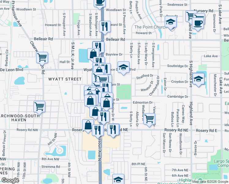 map of restaurants, bars, coffee shops, grocery stores, and more near 1726 Missouri Avenue North in Largo