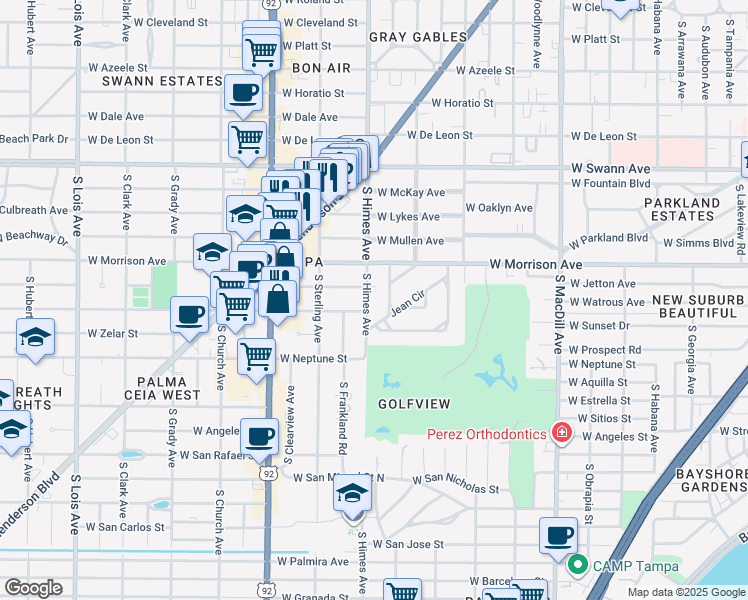 map of restaurants, bars, coffee shops, grocery stores, and more near 910 South Himes Avenue in Tampa
