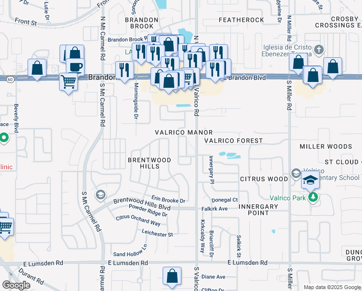 map of restaurants, bars, coffee shops, grocery stores, and more near 309 Regal Park Drive in Valrico