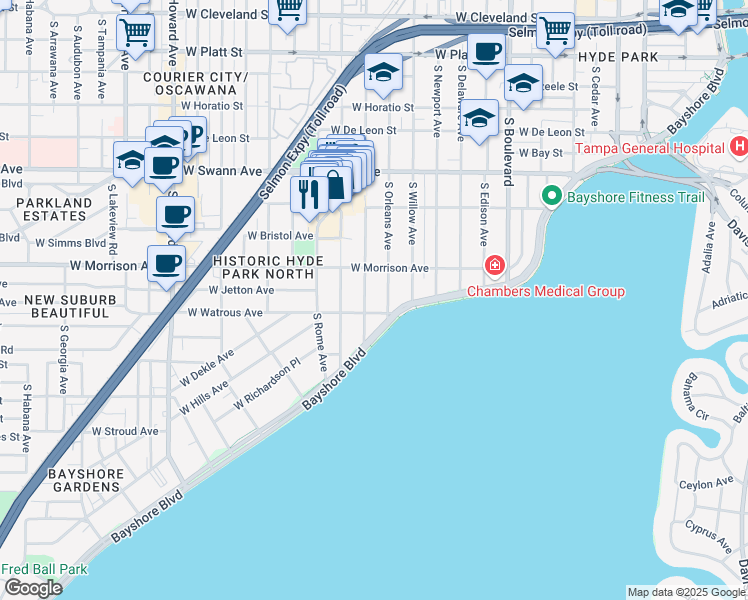 map of restaurants, bars, coffee shops, grocery stores, and more near 916 South Oregon Avenue in Tampa