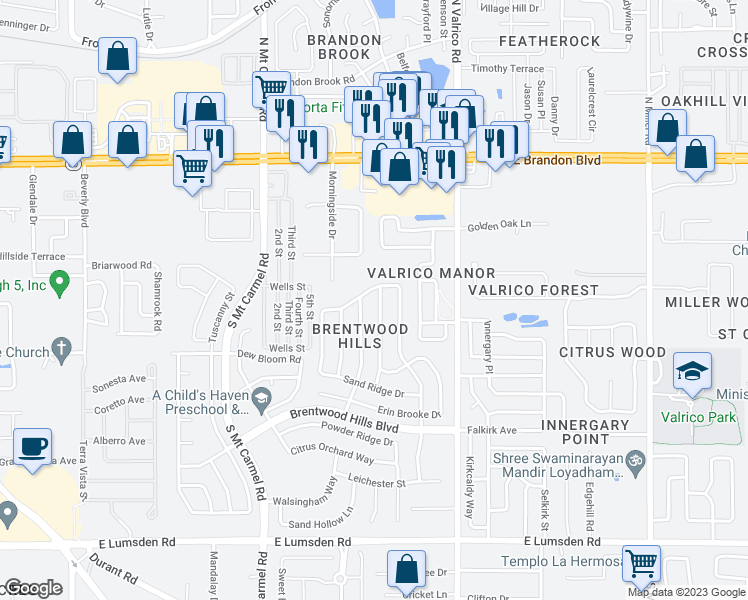 map of restaurants, bars, coffee shops, grocery stores, and more near 506 Beth Ann Street in Valrico