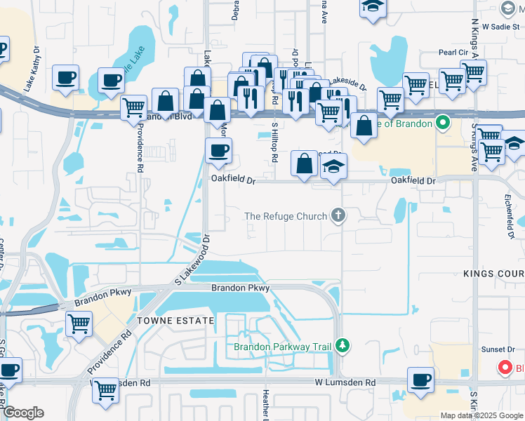 map of restaurants, bars, coffee shops, grocery stores, and more near 1465 Oakfield Dr in Brandon