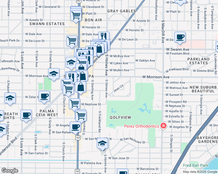 map of restaurants, bars, coffee shops, grocery stores, and more near 910 South Himes Avenue in Tampa
