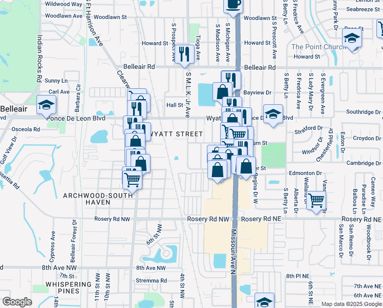 map of restaurants, bars, coffee shops, grocery stores, and more near 1111 Auburn Street in Clearwater