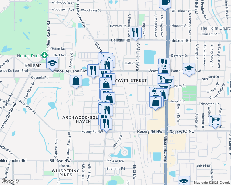 map of restaurants, bars, coffee shops, grocery stores, and more near 733 New Jersey Street in Clearwater