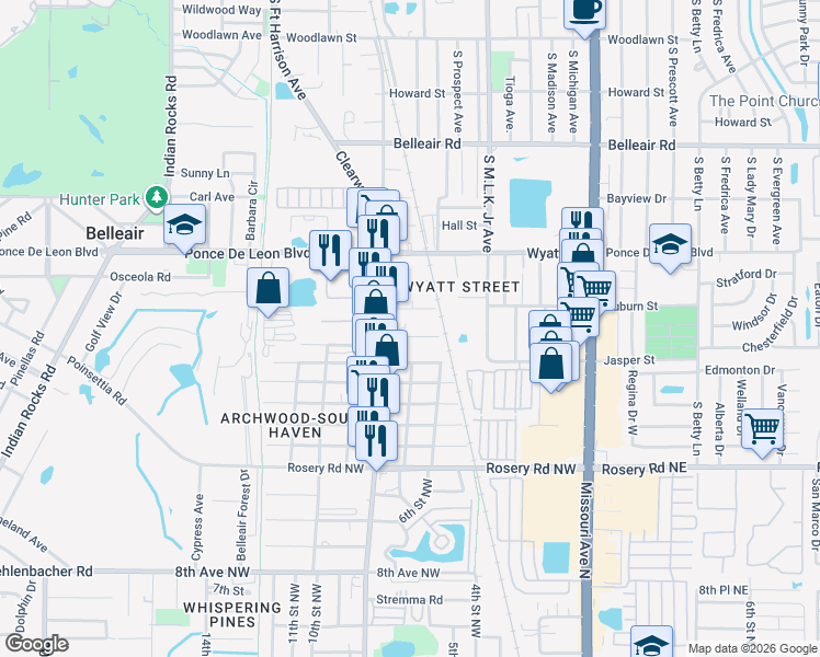 map of restaurants, bars, coffee shops, grocery stores, and more near 733 New Jersey Street in Clearwater
