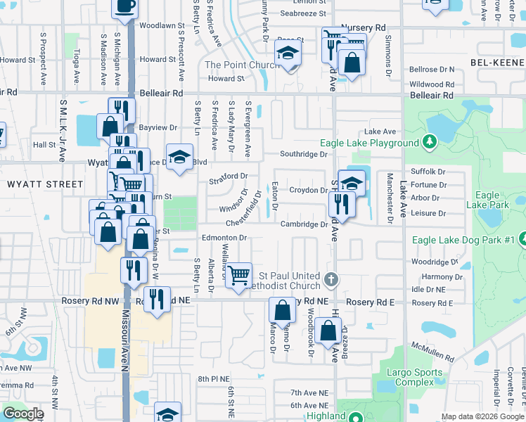 map of restaurants, bars, coffee shops, grocery stores, and more near 1363 Essex Drive in Clearwater