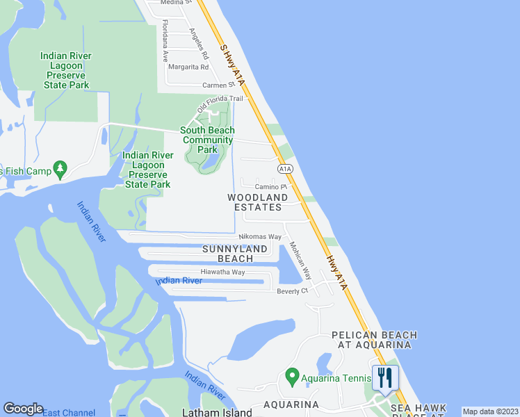 map of restaurants, bars, coffee shops, grocery stores, and more near 235 Woody Circle in Melbourne Beach
