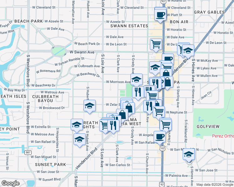 map of restaurants, bars, coffee shops, grocery stores, and more near 1011 South Clark Avenue in Tampa