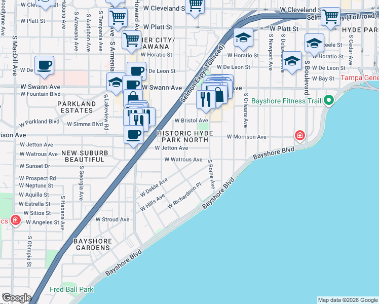 map of restaurants, bars, coffee shops, grocery stores, and more near in Tampa